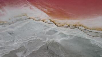 Bright pink red lagoons of salt lake. Picturesque drone point of view of the colorful exotic pink salt lagoon on a sunny summer day. Dunaliella salina. Aerial panoramic wide shot video