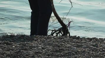 basura en playa - mayor hombre recoge basura en playa después tormenta, mantener limpieza y conservación ambiente. video