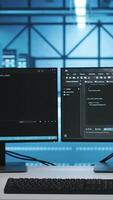 vertical código corriendo en computadora pantallas en vacío datos centrar espacio de trabajo, usado para solución de problemas montajes en bastidor. cerca arriba de guión trabajando en escritorio ordenador personal monitores mejorando computadoras centrales sistemas en servidor habitación video