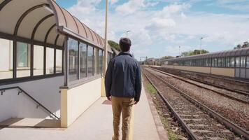 jongen wandelingen in de station aan het wachten voor de trein naar aankomen video