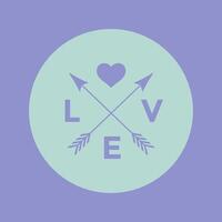 Logo badge for creative design project. Hipster emblem with arrow, heart and word Love on a turquoise violet background. illustration. vector