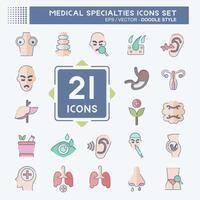 icono conjunto médico especialidades relacionado a sano símbolo. garabatear estilo. sencillo diseño ilustración vector