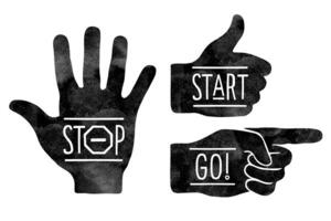 Navigation signs. Black hands silhouettes - pointing finger, stop hand and thumb up vector