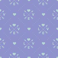 Seamless turquoise pattern with arrow, heart and word Love on a violet background. illustration. vector