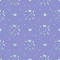 Seamless turquoise pattern with arrow, heart and word Love on a violet background. illustration. vector