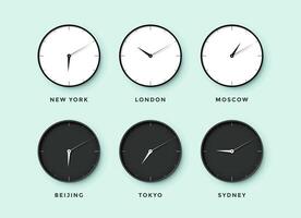 conjunto de día y noche reloj para hora zonas diferente ciudades vector