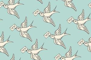 Seamless pattern with old school vintage bird and postal envelope vector