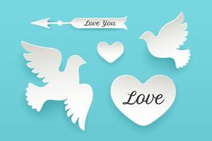 Set of paper objects, heart, pigeon, bird, arrow vector