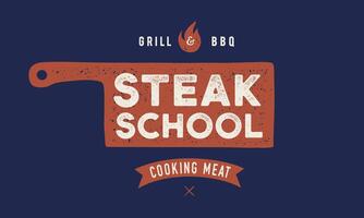 Meat logo. Logo for Cooking school with icon chef knife, text typography vector