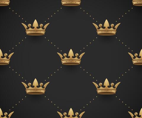 Seamless gold pattern with king crowns on a dark black background. Illustration.