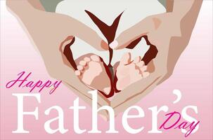 an adult father holding his little baby's feet celebrating happy father's day pink background vector