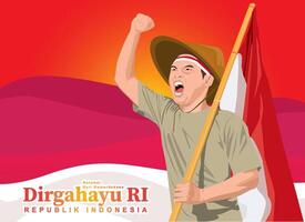 a farmer wearing hat and headband is shouting and holding a patriotic flag celebrating indonesian independence day red background vector