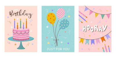 conjunto de linda cumpleaños tarjetas diseño con pastel, globos y fiesta decoraciones plantillas genial para póster, invitaciones, bandera y volantes vector