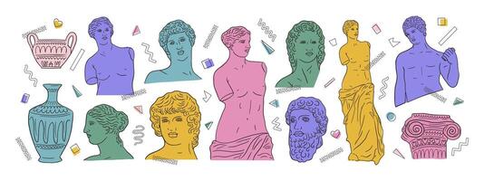 Greek ancient big set, various antique statues. Heads, vase, body. Hand drawn illustrations of classic sculpture in trendy modern style vector