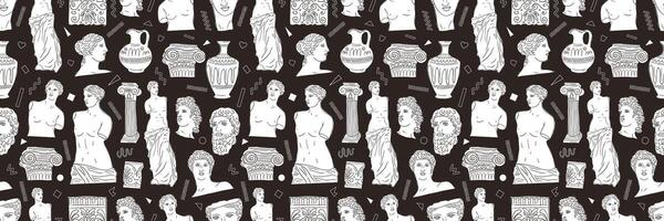 Greek ancient set, various antique statues. Heads, vase, body. Hand drawn seamless pattern of classic sculpture in trendy modern style vector