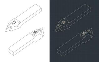 Inclined tool for CNC lathe isometric blueprints vector