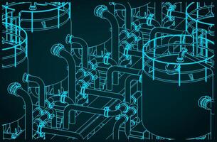 Tanks in chemical production blueprint vector