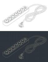 Extension cord with 6 sockets isometric blueprints vector