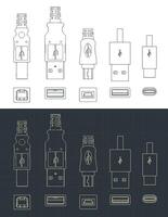 USB plug blueprints set vector