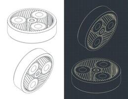 Planetary gears isometric blueprints vector