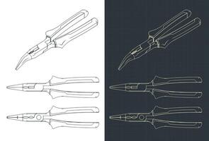 Bent long nose pliers blueprints vector