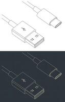 USB type-A to USB type-C cable blueprints vector