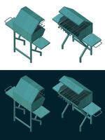 Barbecue and barbecue color isometric blueprints vector