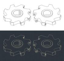 Disc mill cutter isometric blueprints vector