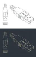 USB A Plug blueprints vector