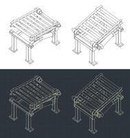 Conveyor lifting mechanism isometric blueprints vector