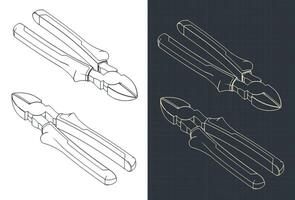 Diagonal pliers isometric blueprints vector