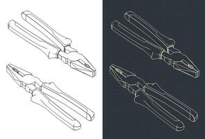 Combination pliers isometric blueprints vector