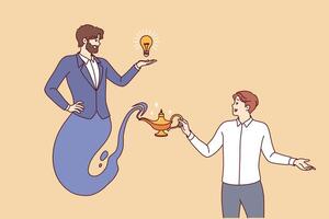 Business man releases genie from jug to get idea for developing company or attracting clients vector