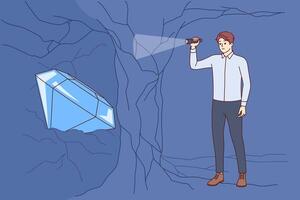 Business man found treasure or diamond inside cave, symbolizing reward for courage and ambition vector