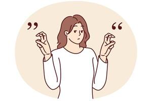 Young woman gesticulates with quotation marks with fingers while saying sarcastic words or hints vector