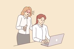 Irritated woman manager scolds subordinate employee with laptop, for workplace bullying concept vector