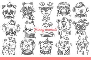 Faces of funny animals from forest or savannah dressed in clothes and hats. Hand drawn doodle vector