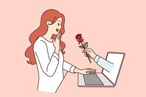 Gift flower from internet fan in laptop screen near enthusiastic woman using dating site vector