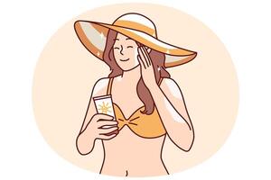 Woman who wants to sunbathe applies sunblock cream to skin to protect herself from sunstroke vector