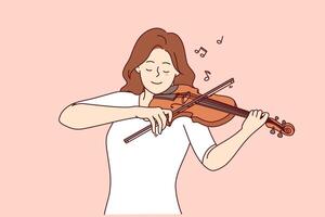 mujer obras de teatro violín, disfrutando actuación de melodía y Moviente arco a lo largo instrumentos de cuerda musical instrumento vector