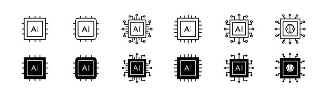 AI chip icon set. Line and glyph AI processor chip. Artificial intelligence microchip icon set vector