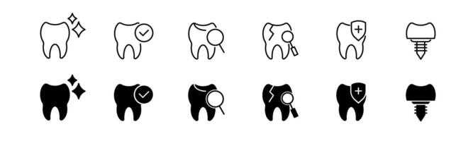 diente icono colocar. línea y glifo dentista símbolo. dientes cuidado icono vector