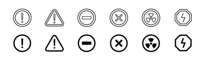 Warning icon set. Caution symbol. Round hazard icon. Line and glyph warning sign icon vector