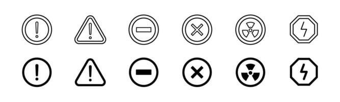 Warning icon set. Caution symbol. Round hazard icon. Line and glyph warning sign icon vector