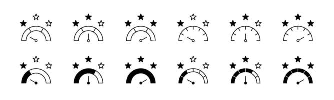 Rating scale icon set. Feedback speedometer with star. Review score with star vector