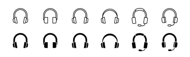 Headphone icon set. Line and glyph earphone set. Support headphone with mic vector