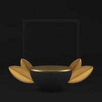 3d black hemisphere podium pedestal with golden leaves and frame wall background realistic vector