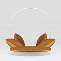 3d luxury podium pedestal with golden leaves and circle frame realistic illustration vector