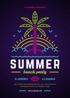 Summer beach party flyer or poster template neon signage lights typography style design. vector