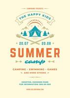 Kids summer camp poster or flyer event retro typography design template and forest lanscape and tent background vector